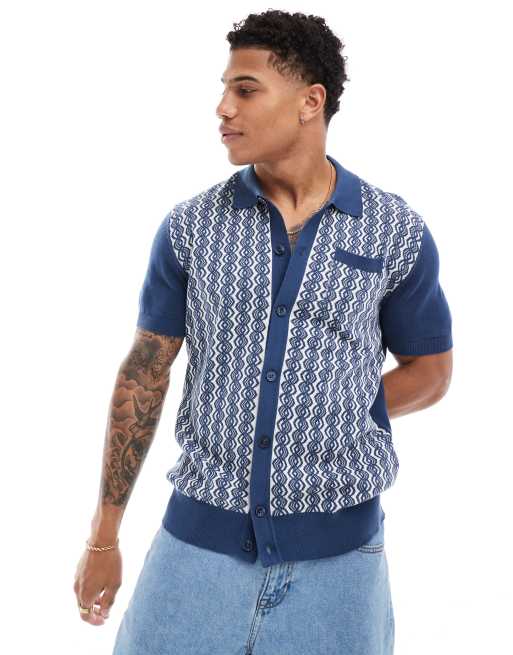 Ben Sherman – Durchgeknöpftes Polohemd in Dunkelblau mit geometrischem Jacquard-Muster