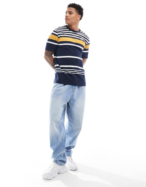 Ben Sherman - Engineered - Gestreept ruimvallend T-shirt in donker marineblauw
