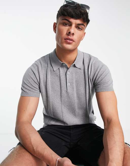 Ben Sherman - Gebreide polo in gemêleerd grijs