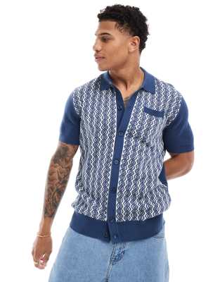 Ben Sherman geo jacquard button through polo in dark blue