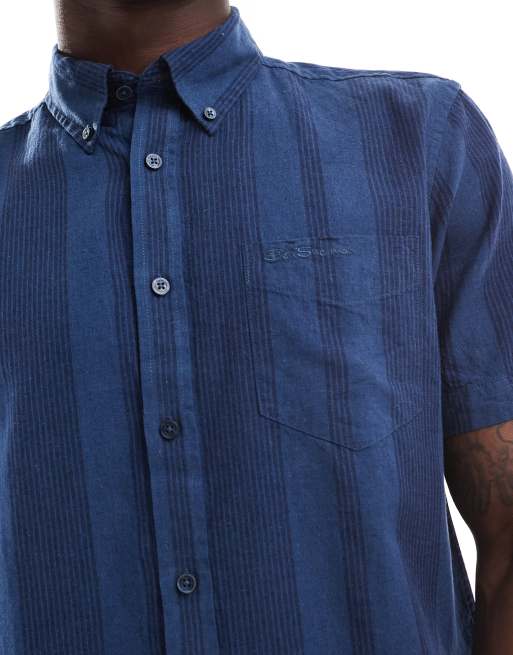Ben Sherman - Gestreept overhemd van linnen met korte mouwen in donkerblauw, 4 van 4