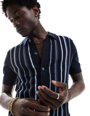 Ben Sherman - Gestreepte polo met knoopsluiting in donker marineblauw