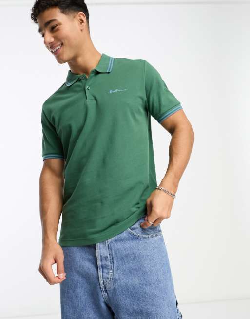 Ben Sherman – Jersey-Polohemd in Grün mit zwei Zierstreifen, 2 von 4
