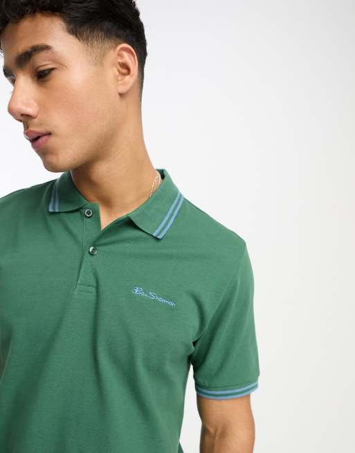 Ben Sherman – Jersey-Polohemd in Grün mit zwei Zierstreifen, 3 von 4