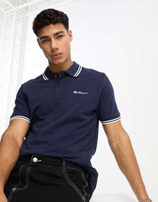 Ben Sherman – Jersey-Polohemd in Marineblau mit zwei Zierstreifen