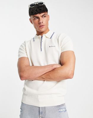 Ben Sherman knitted half zip polo in ivory