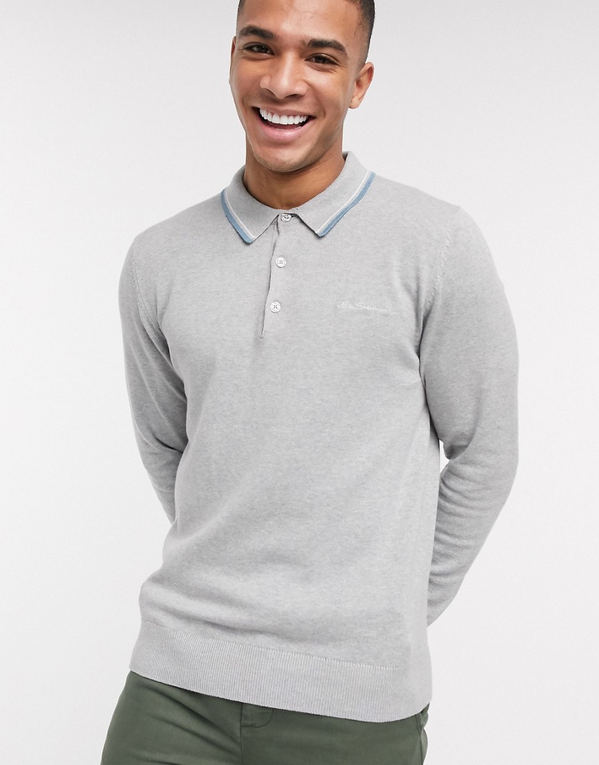 Ben Sherman knitted long sleeve polo shirt-Grey