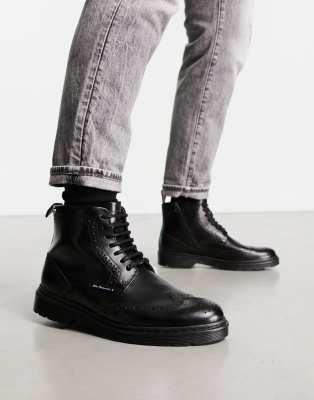 Ben Sherman leather chunky brogue boots in black