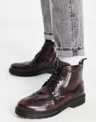 Ben Sherman leather chunky brogue boots in burgundy-Red