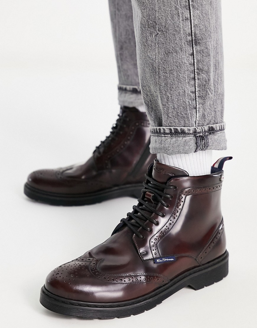 ben sherman leather chunky brogue boots in burgundy-red