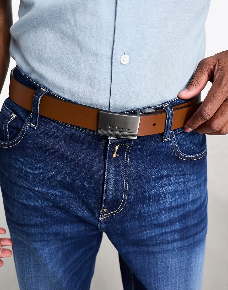 ben sherman logo buckle reversible leather belt in black and tan-multi