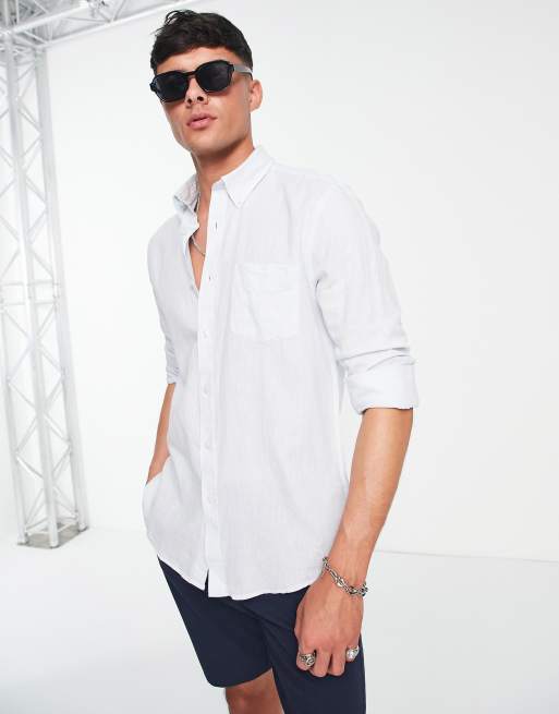 Ben Sherman long sleeve linen shirt in blue | ASOS