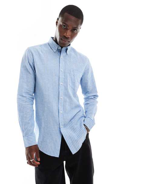 Ben Sherman long sleeve linen wide stripe shirt in blue - view 1