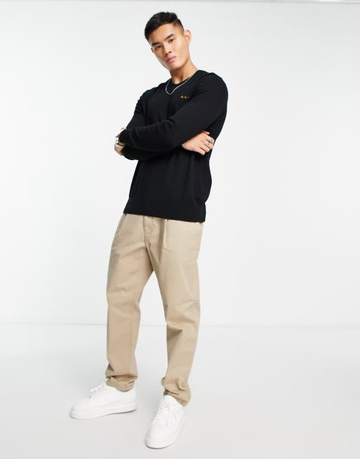 Ben Sherman - Maglione girocollo nero con cuciture a vista, 3 di 4