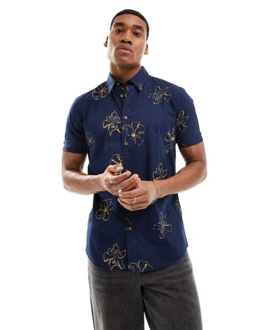 Ben Sherman – Mörkblå, kortärmad skjorta med skissat blommönster, 2 av 4