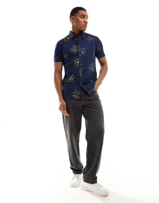Ben Sherman – Mörkblå, kortärmad skjorta med skissat blommönster, 3 av 4