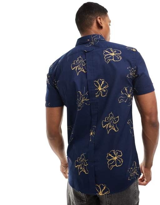 Ben Sherman – Mörkblå, kortärmad skjorta med skissat blommönster, 4 av 4