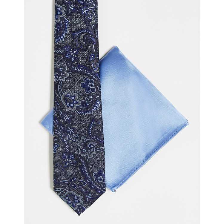 Ben Sherman paisley tie in blue with plain blue pocket square | ASOS