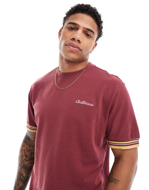 Ben Sherman - Piqué T-shirt in donkerrood met gekleurd randje
