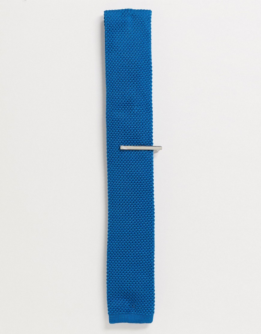 Ben Sherman plain knitted tie and tie bar set-Blue
