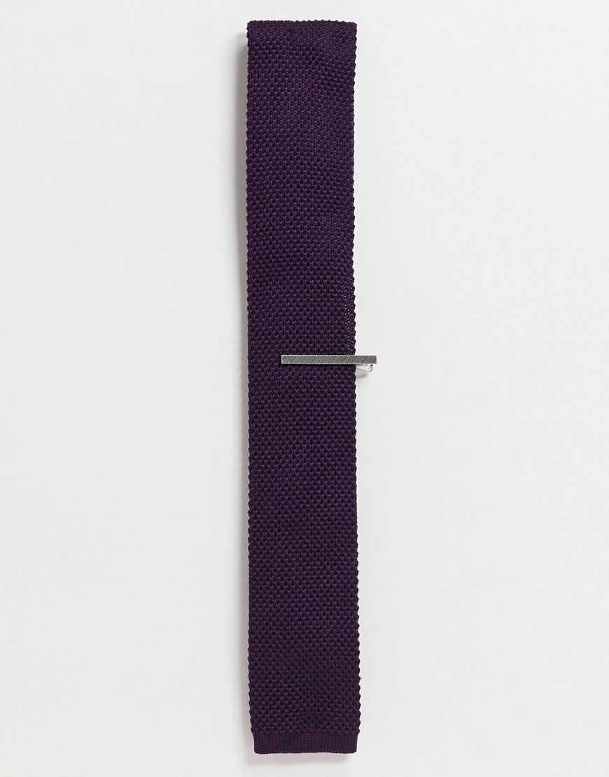 Ben Sherman plain knitted tie and tie bar set-Purple
