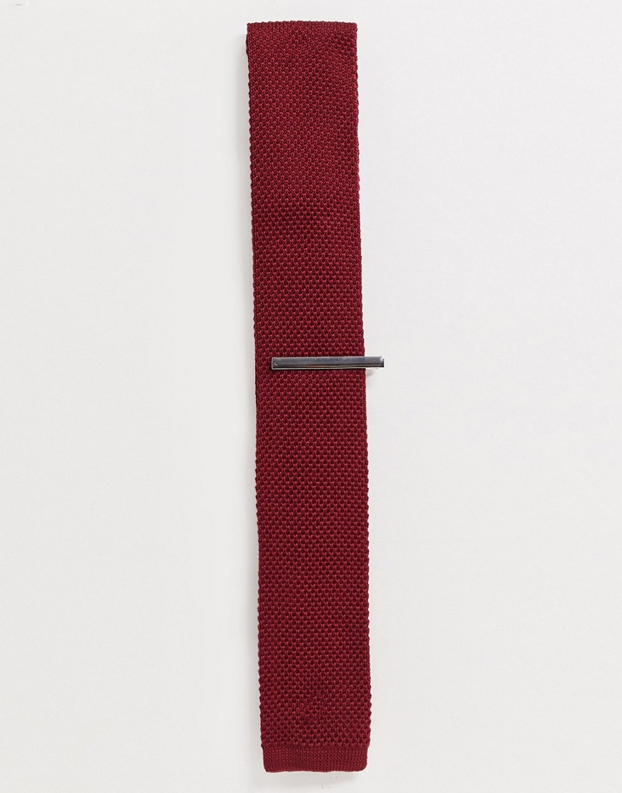 Ben Sherman plain knitted tie and tie bar set-Red