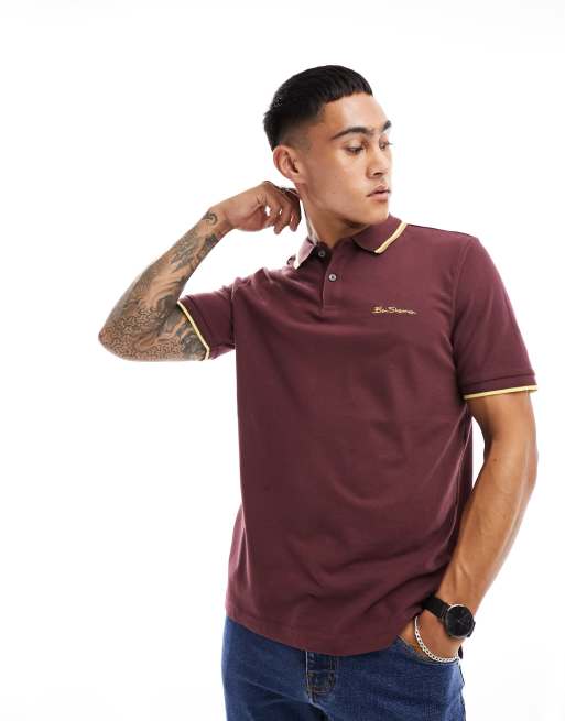 Ben Sherman - Polo rosso scuro con doppia riga a contrasto sul colletto