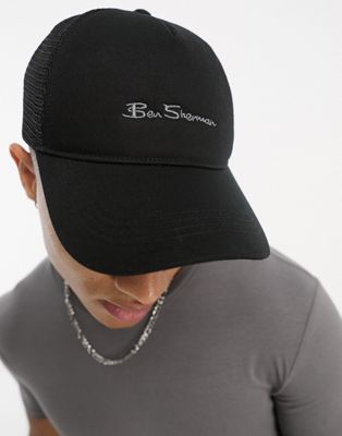 Ben Sherman script logo panel block baseball cap in black
