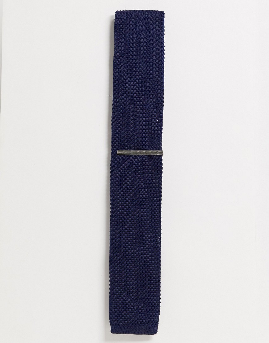 Ben Sherman - Set con cravatta in maglia tinta unita e fermacravatta-Navy