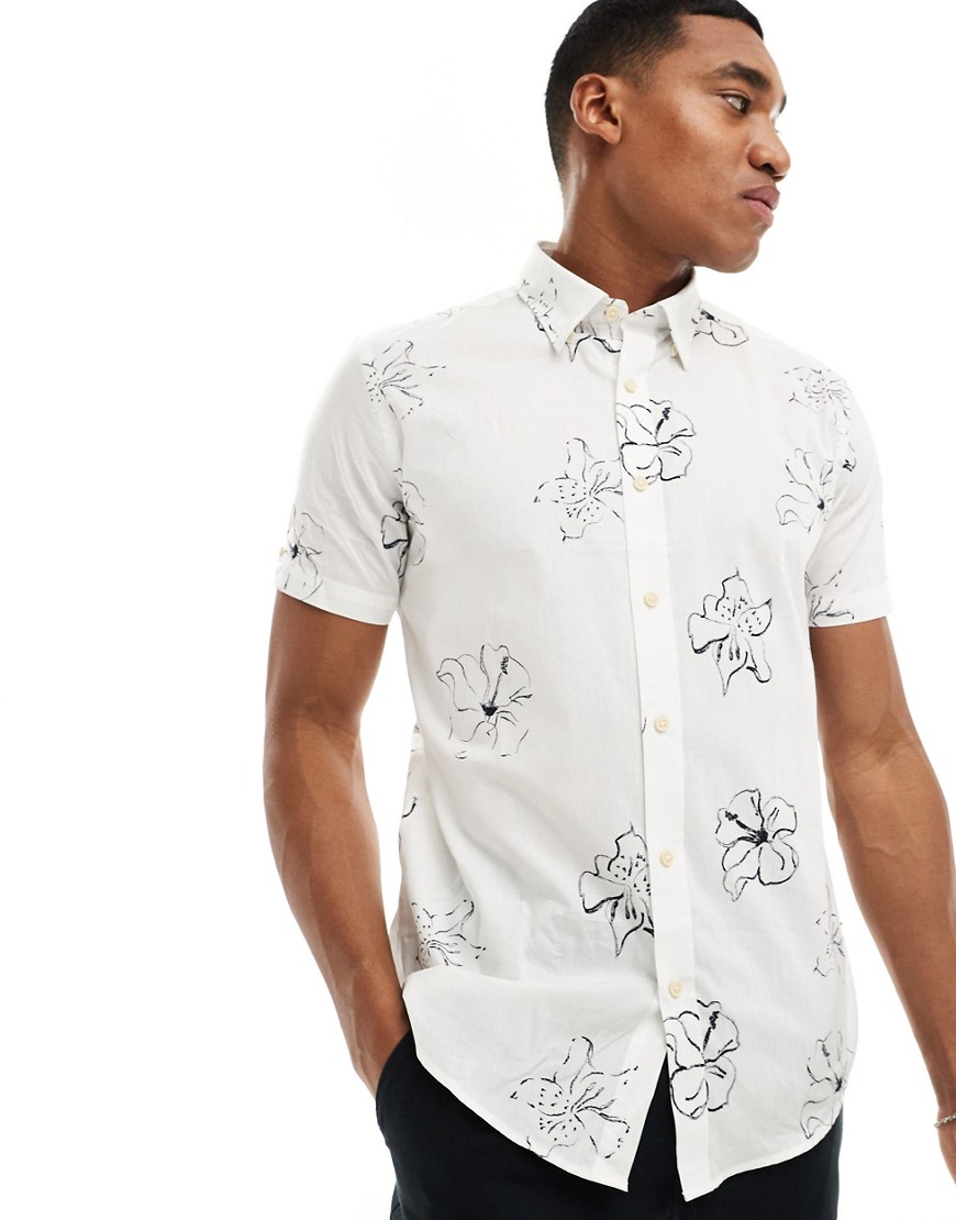 Ben Sherman short sleeve linear floral print shirt in white