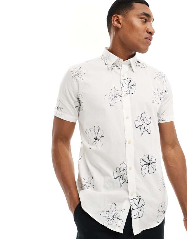 Ben Sherman - short sleeve linear floral print shirt in white