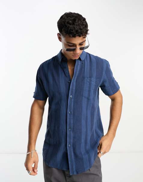 Ben Sherman short sleeve linen mixed stripe shirt in dark blue - view 1