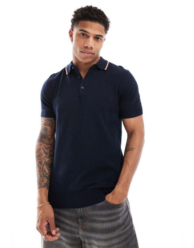 Ben Sherman - short sleeve textured polo in dark navy