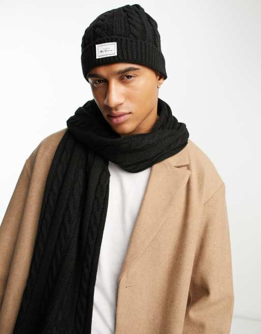 Ben Sherman - Sort sæt med kabelstrikket hat og halstørklæde