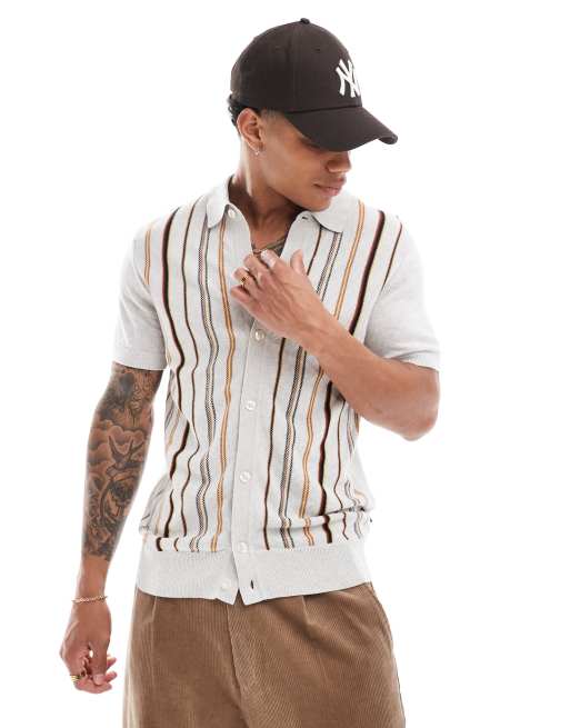 Ben Sherman stripe button through polo in off white