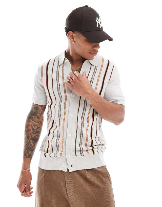 Ben Sherman - stripe button through polo in off white