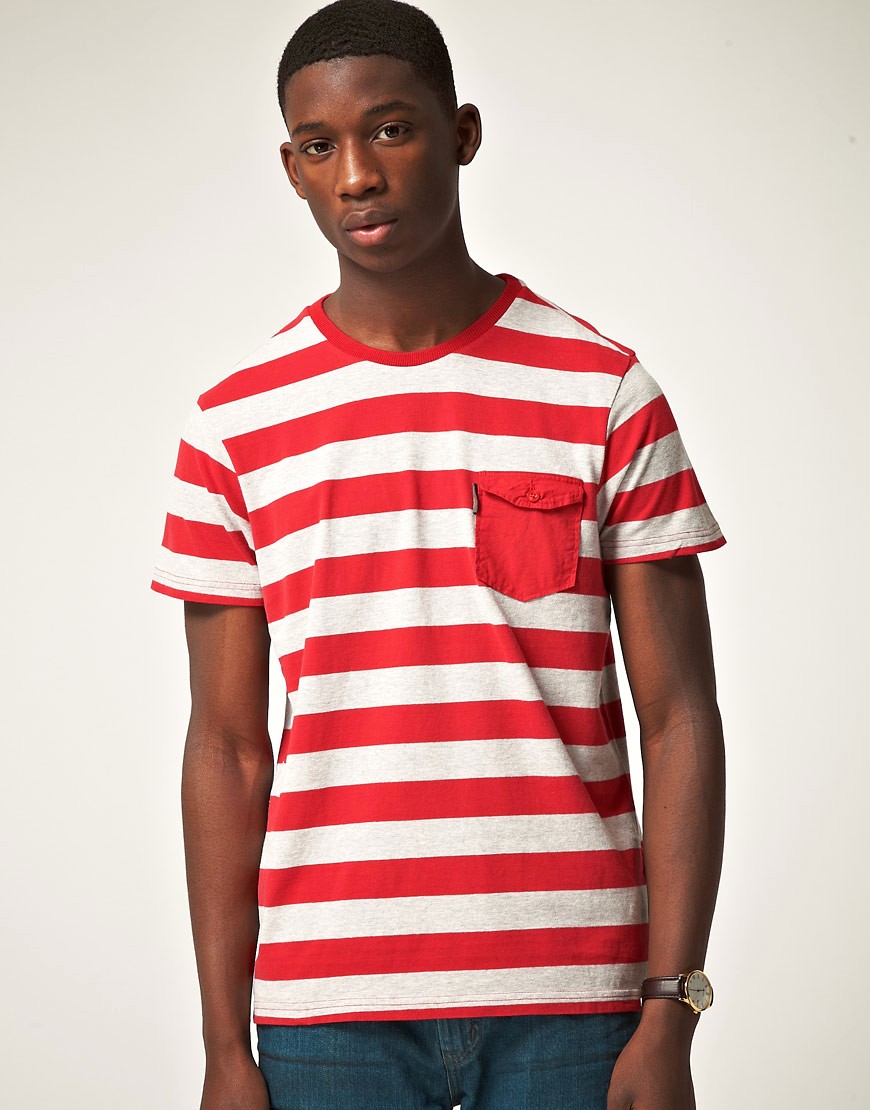 Ben Sherman – T-shirt med blockränder och ficka-Röd