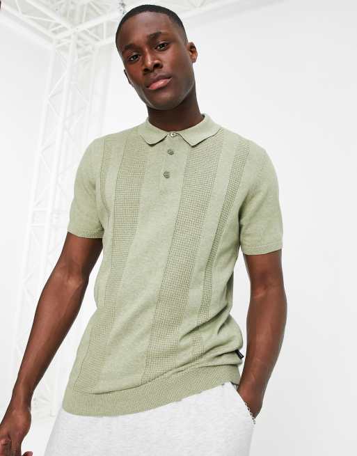 ASOS DESIGN knit textured polo shirt in sage green