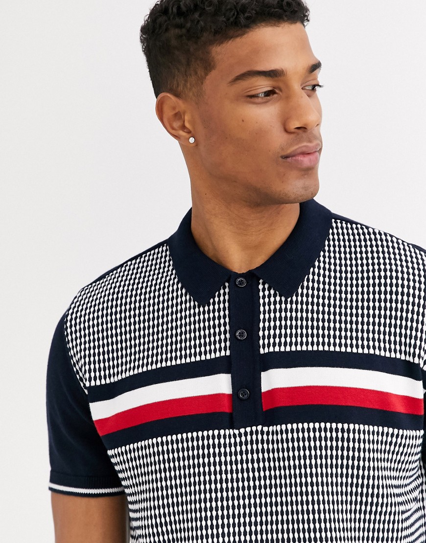 Ben Sherman textured stripe knitted polo shirt-Navy