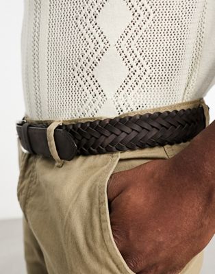 Ben Sherman Tranter leather plait belt in brown