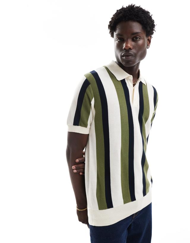 Ben Sherman - vertical wide stripe polo in off white