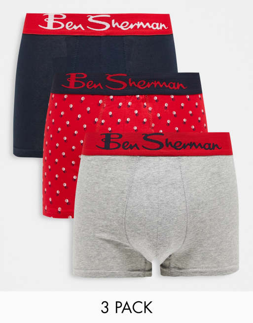 Ben Sherman – Wells – Zestaw 3 par bokserek w kolorach czerwonym, granatowym i szarym