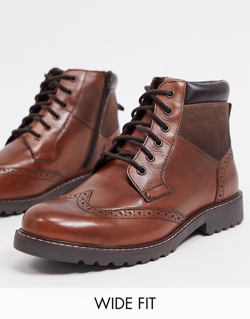 Ben Sherman wide fit brogue lace up ankle boots in tan leather