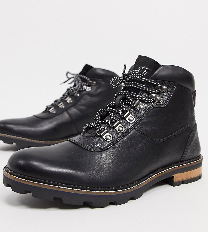 Ben Sherman wide fit hiker lace-up ankle boots black leather