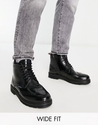 Ben Sherman Wide Fit leather chunky brogue boots in black