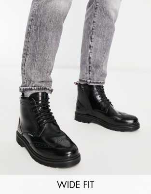 Ben Sherman wide fit leather chunky brogue boots in black