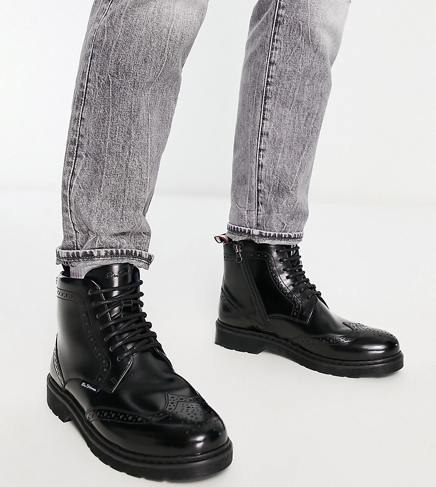 Ben Sherman Wide Fit Leather Chunky Brogue Boots In Black