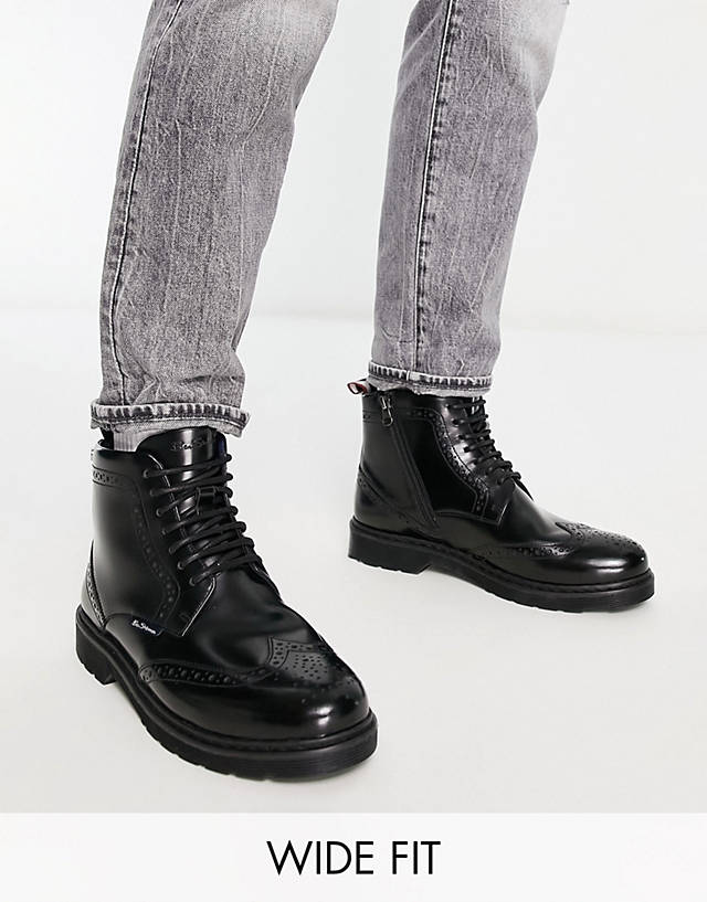Ben Sherman - wide fit leather chunky brogue boots in black