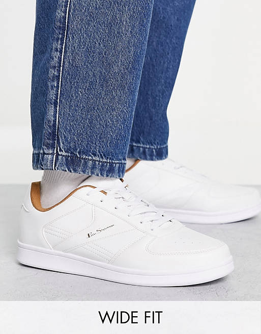 Ben Sherman Wide Fit minimal lace up sneakers in white and beige