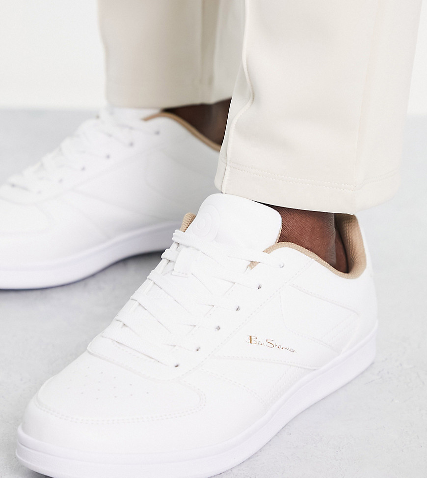Ben Sherman wide fit minimal lace up sneakers in white with gold lining